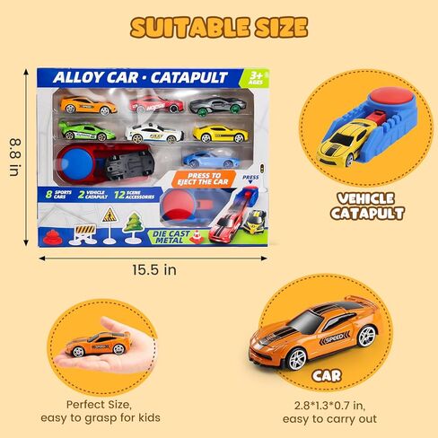 Die Cast Toy Cars with 2 Catapult Launchers, 8 Pack 1:64 Alloy Mini Race Cars with Traffic Sign Accessories and Stickers, Metal Car Playset for Boys Girls Ages 3+, Birthday Party Favor Gift in Saudi Arabia