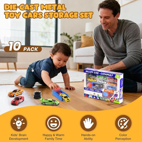Die Cast Toy Cars with 2 Catapult Launchers, 8 Pack 1:64 Alloy Mini Race Cars with Traffic Sign Accessories and Stickers, Metal Car Playset for Boys Girls Ages 3+, Birthday Party Favor Gift in Saudi Arabia