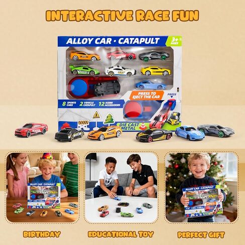 Die Cast Toy Cars with 2 Catapult Launchers, 8 Pack 1:64 Alloy Mini Race Cars with Traffic Sign Accessories and Stickers, Metal Car Playset for Boys Girls Ages 3+, Birthday Party Favor Gift in Saudi Arabia