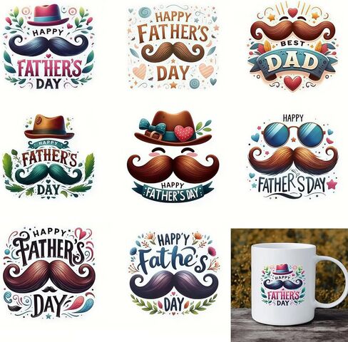 8pcs Happy Beard Father's Day UV DTF Cup Wraps Transfer Waterproof Sticker for Glass Cups Furniture Craft DIY Crafts，Rub on Transfer Stickers for DIY Water Bottle Laptop Decal Wood Car in Saudi Arabia