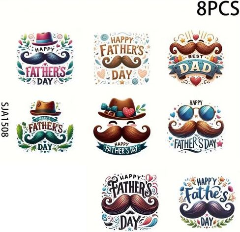 8pcs Happy Beard Father's Day UV DTF Cup Wraps Transfer Waterproof Sticker for Glass Cups Furniture Craft DIY Crafts，Rub on Transfer Stickers for DIY Water Bottle Laptop Decal Wood Car in Saudi Arabia