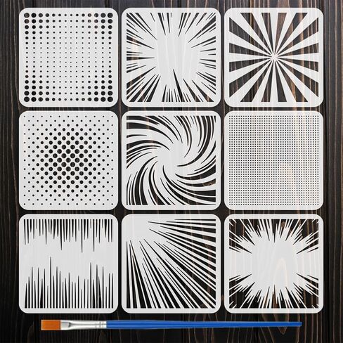 FINGERINSPIRE 9PCS Manga Backgrounds Painting Stencils with Paint Brush 3.9x3.9inch Reusable Lines Dots Drawing Template Comic Background Stencil DIY Daily Theme Template for Painting on Furniture in Kuwait