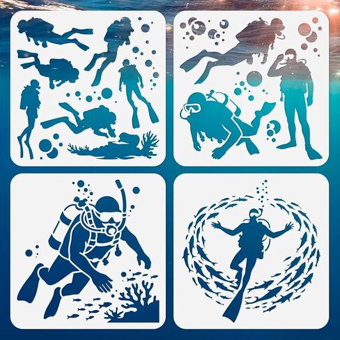 4Pcs Scuba Diver Stencils for Painting, 9.8x9.8inch Reusable Ocean Crafts Templates, Diving Stencils for Drawing on Furniture Wall Floor Fabric DIY Decoration in Saudi Arabia