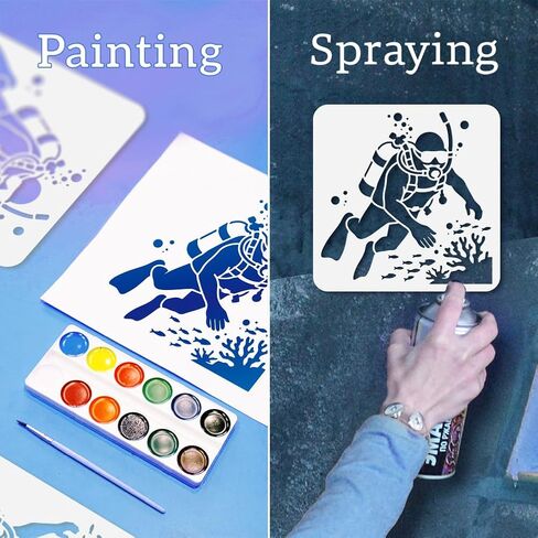 4Pcs Scuba Diver Stencils for Painting, 9.8x9.8inch Reusable Ocean Crafts Templates, Diving Stencils for Drawing on Furniture Wall Floor Fabric DIY Decoration in Saudi Arabia