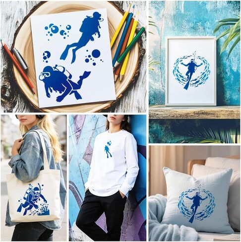 4Pcs Scuba Diver Stencils for Painting, 9.8x9.8inch Reusable Ocean Crafts Templates, Diving Stencils for Drawing on Furniture Wall Floor Fabric DIY Decoration in Saudi Arabia