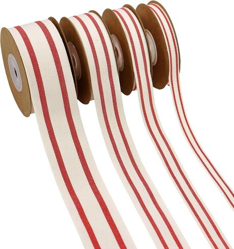 10Yard x 4Roll Set Cotton Stripe Ribbon Red and White Stripe Ribbons for Christmas Tree Crafts,Wedding Wreath,Gift Wrapping,Decoration and DIY Handmade Hair Bows in Saudi Arabia