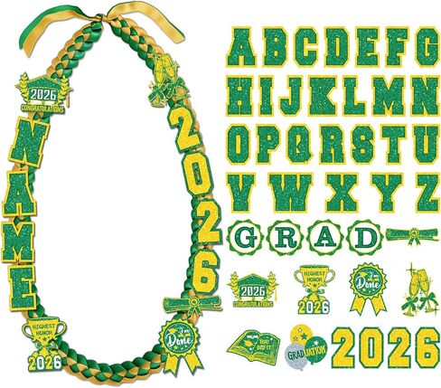 Graduation Lei Class of 2026 - Green Gold Graduation Lei 2026, Double Braided Necklace Ribbon Leis with Grad Letters Pattern, High School College Congrats Grad Gifts Party Supplies in Saudi Arabia