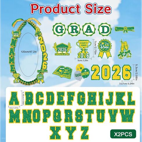 Graduation Lei Class of 2026 - Green Gold Graduation Lei 2026, Double Braided Necklace Ribbon Leis with Grad Letters Pattern, High School College Congrats Grad Gifts Party Supplies in Saudi Arabia