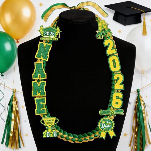 Graduation Lei Class of 2026 - Green Gold Graduation Lei 2026, Double Braided Necklace Ribbon Leis with Grad Letters Pattern, High School College Congrats Grad Gifts Party Supplies in Saudi Arabia