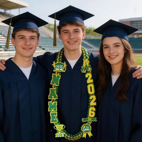 Graduation Lei Class of 2026 - Green Gold Graduation Lei 2026, Double Braided Necklace Ribbon Leis with Grad Letters Pattern, High School College Congrats Grad Gifts Party Supplies in Saudi Arabia