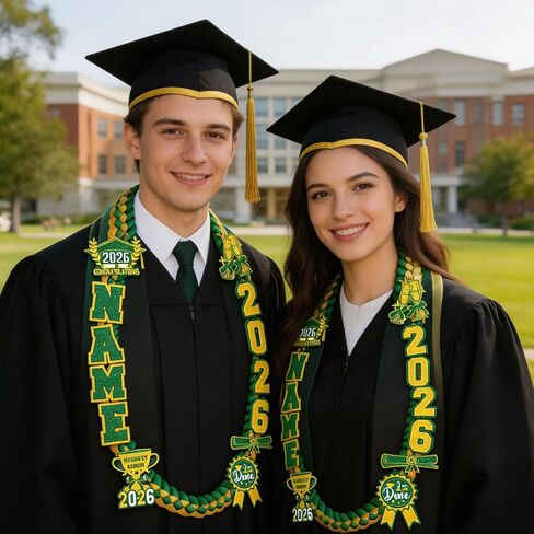 Graduation Lei Class of 2026 - Green Gold Graduation Lei 2026, Double Braided Necklace Ribbon Leis with Grad Letters Pattern, High School College Congrats Grad Gifts Party Supplies in Saudi Arabia