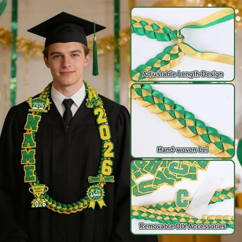 Graduation Lei Class of 2026 - Green Gold Graduation Lei 2026, Double Braided Necklace Ribbon Leis with Grad Letters Pattern, High School College Congrats Grad Gifts Party Supplies in Saudi Arabia