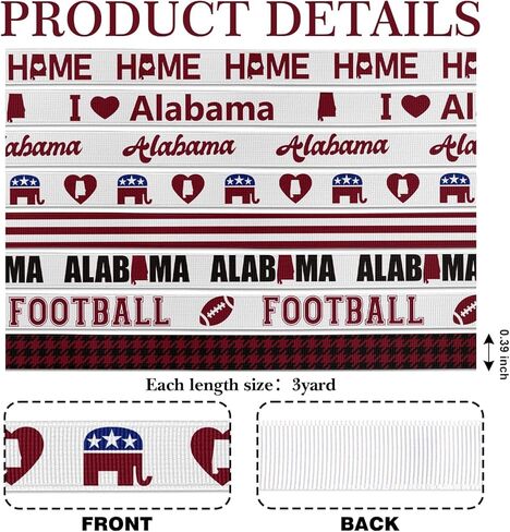 YKW Alabama Ribbon 8 Design Set, 3/8" Crimson Houndstooth Football Elephant I Love Alabama Grosgrain Ribbon for Crafts Hair Bows Wrapping Game Day Party Decorations in Saudi Arabia