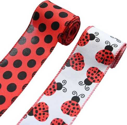 2 Rolls 10 Yards Summer Ladybug Wired Ribbons for Wreath Bows Wrapping Gifts, Red Black Polka Dots Ribbon for Gift Wrapping Birthday Party Decoration Spring Summer Sewing DIY Crafts 2.5" in Saudi Arabia