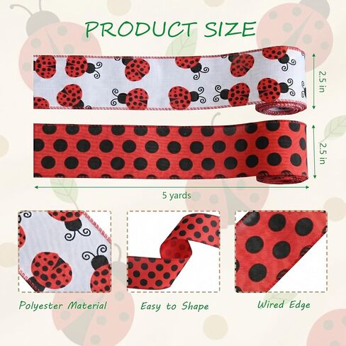 2 Rolls 10 Yards Summer Ladybug Wired Ribbons for Wreath Bows Wrapping Gifts, Red Black Polka Dots Ribbon for Gift Wrapping Birthday Party Decoration Spring Summer Sewing DIY Crafts 2.5" in Saudi Arabia
