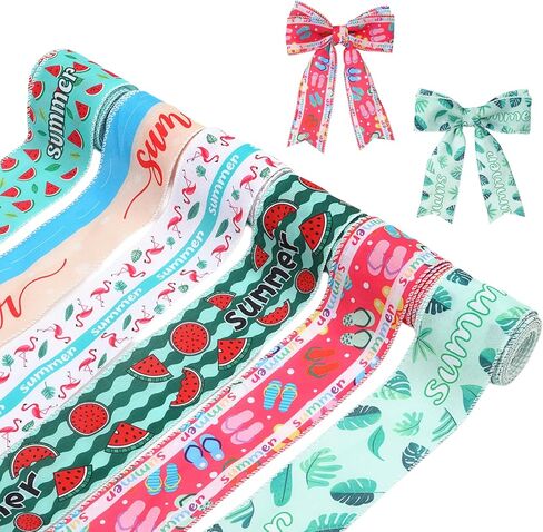 Pink Floral Wired Ribbon 6 Rolls 30 Yards Flower Printed Burlap Ribbon for Wreath Summer Ribbons for Gift Wrapping Crafts Flower Bouquet Wreath Bows Making Birthday Wedding Party Decor in Saudi Arabia