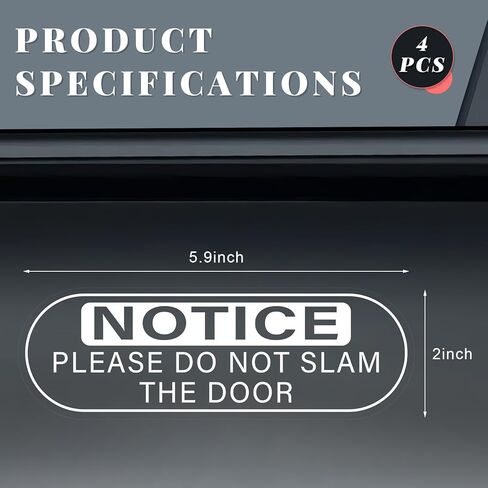 4 PCS Do Not Slam The Door Sticker, 5.9x2 Inch Close Door Gently Sign Waterproof Vinyl Warning Decal, UV Resistant Window Notice Sticker for Taxi Office Public Doors in Saudi Arabia