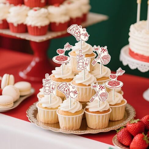 24pcs Italian Pizza Cupcake Toppers, Italian Cake Decorations Double-sided Printed Hand Drawn Style for Italy Food Pizza Pasta Birthday Baby Shower Bachelorette Party Supplies in Saudi Arabia