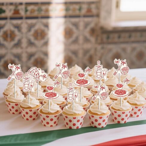 24pcs Italian Pizza Cupcake Toppers, Italian Cake Decorations Double-sided Printed Hand Drawn Style for Italy Food Pizza Pasta Birthday Baby Shower Bachelorette Party Supplies in Saudi Arabia