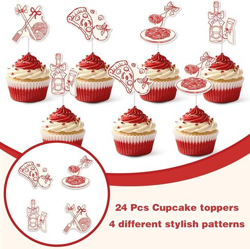 24pcs Italian Pizza Cupcake Toppers, Italian Cake Decorations Double-sided Printed Hand Drawn Style for Italy Food Pizza Pasta Birthday Baby Shower Bachelorette Party Supplies in Saudi Arabia