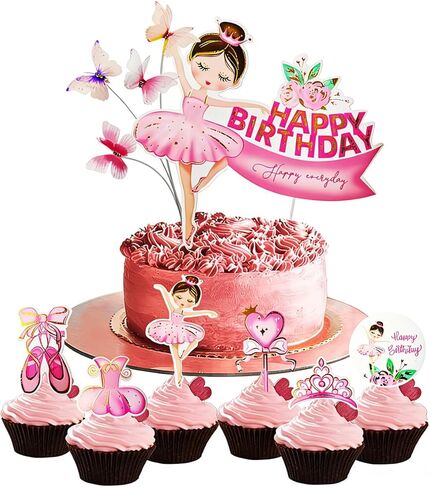11pcs Colorful Ballerina Happy Birthday Sash Cake Topper - 4 Butterflies,Ballet Shoes,Princess Tutu, Crown Decoration for Princess Girl Pink Theme Baby Shower Centerpiece Birthday Party Supplies in Saudi Arabia