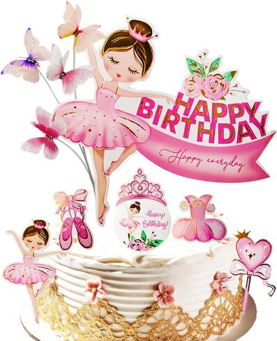 11pcs Colorful Ballerina Happy Birthday Sash Cake Topper - 4 Butterflies,Ballet Shoes,Princess Tutu, Crown Decoration for Princess Girl Pink Theme Baby Shower Centerpiece Birthday Party Supplies in Saudi Arabia
