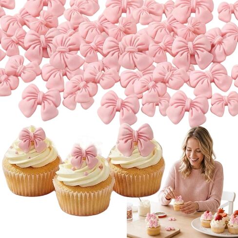 50 Pcs Pink Bows for Cupcakes Decorating, 3 Sizes Bowknot Cake Toppers Bow Candy Dessert Picks Decoration for Baby Showers Birthday Bridal Engagement Wedding Theme Party Supplies (Not Edible) in Kuwait