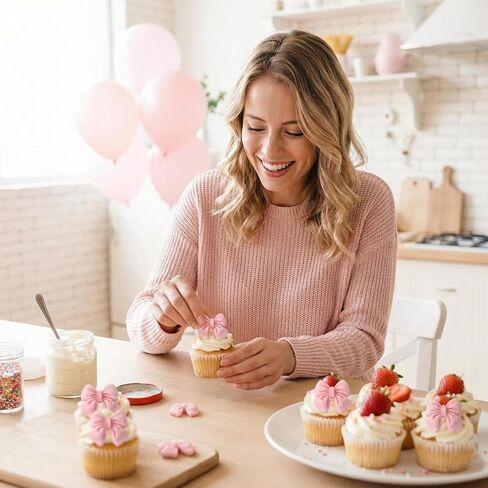 50 Pcs Pink Bows for Cupcakes Decorating, 3 Sizes Bowknot Cake Toppers Bow Candy Dessert Picks Decoration for Baby Showers Birthday Bridal Engagement Wedding Theme Party Supplies (Not Edible) in Kuwait
