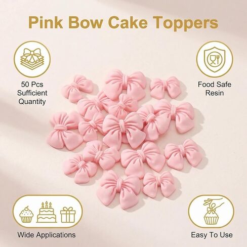 50 Pcs Pink Bows for Cupcakes Decorating, 3 Sizes Bowknot Cake Toppers Bow Candy Dessert Picks Decoration for Baby Showers Birthday Bridal Engagement Wedding Theme Party Supplies (Not Edible) in Kuwait
