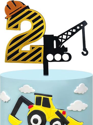 Construction Theme Number "2" Cake Topper - Mirror Acrylic Crane Truck 2 Years Old Cake Decor, Kids Boy Birthday Party Cake Decoration Supplies in Kuwait
