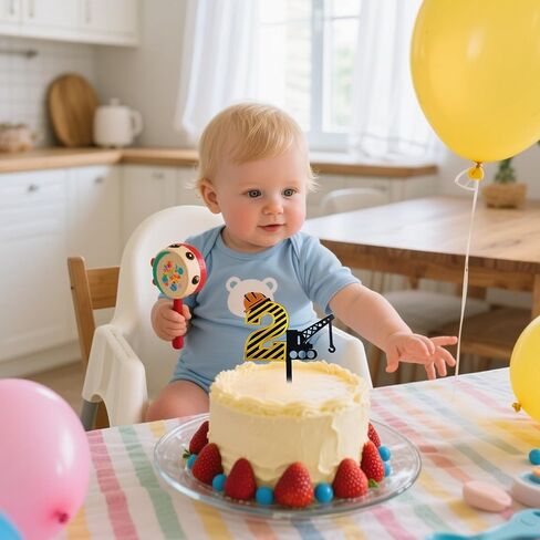 Construction Theme Number "2" Cake Topper - Mirror Acrylic Crane Truck 2 Years Old Cake Decor, Kids Boy Birthday Party Cake Decoration Supplies in Kuwait