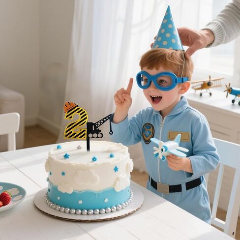 Construction Theme Number "2" Cake Topper - Mirror Acrylic Crane Truck 2 Years Old Cake Decor, Kids Boy Birthday Party Cake Decoration Supplies in Kuwait