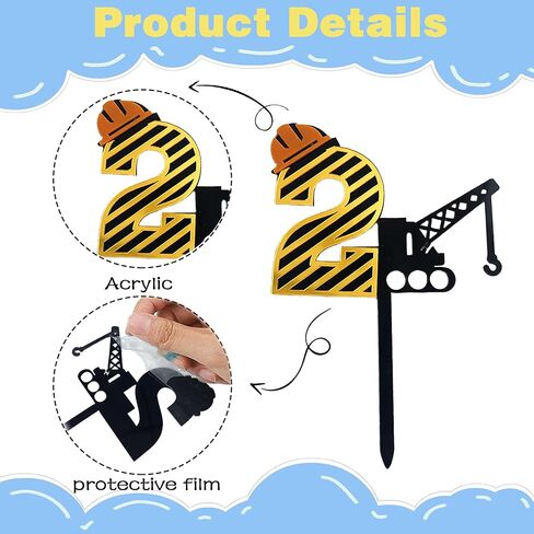 Construction Theme Number "2" Cake Topper - Mirror Acrylic Crane Truck 2 Years Old Cake Decor, Kids Boy Birthday Party Cake Decoration Supplies in Kuwait