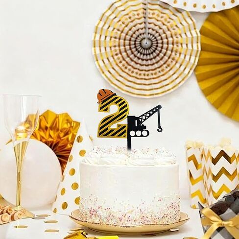 Construction Theme Number "2" Cake Topper - Mirror Acrylic Crane Truck 2 Years Old Cake Decor, Kids Boy Birthday Party Cake Decoration Supplies in Kuwait