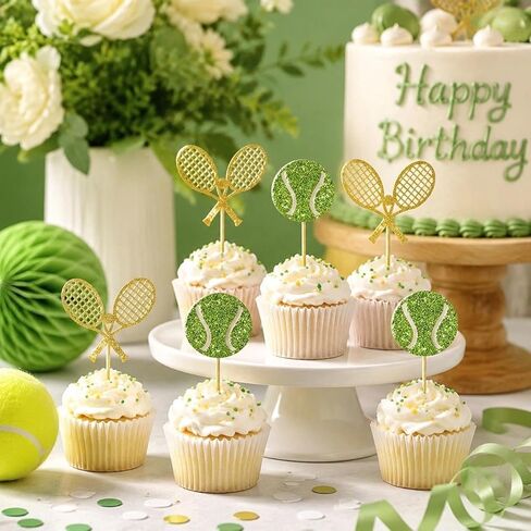 12 PCS Tennis Cupcake Toppers Glitter Tennis Cupcake Picks for Sports Themed Baby Shower Kids Adult Birthday Party Decorations Supplies in Saudi Arabia