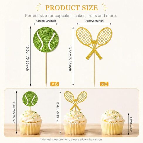 12 PCS Tennis Cupcake Toppers Glitter Tennis Cupcake Picks for Sports Themed Baby Shower Kids Adult Birthday Party Decorations Supplies in Saudi Arabia
