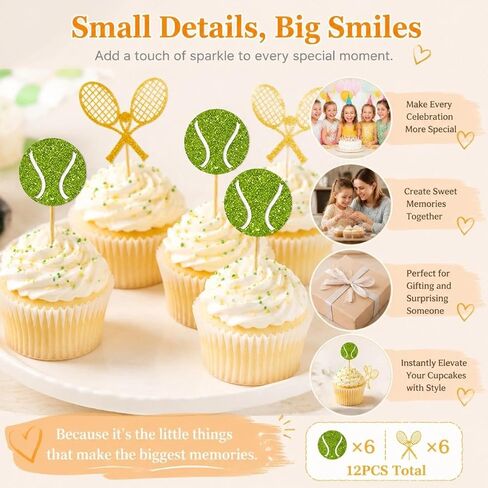 12 PCS Tennis Cupcake Toppers Glitter Tennis Cupcake Picks for Sports Themed Baby Shower Kids Adult Birthday Party Decorations Supplies in Saudi Arabia
