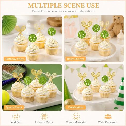 12 PCS Tennis Cupcake Toppers Glitter Tennis Cupcake Picks for Sports Themed Baby Shower Kids Adult Birthday Party Decorations Supplies in Saudi Arabia