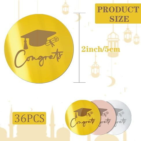 36 Pcs Graduation Cupcake Toppers Acrylic Cake Disc Toppers Graduation Mirror Cake Toppers Happy Graduate Party Supplies Decor(Gold/Rose Gold/Silver) in Saudi Arabia