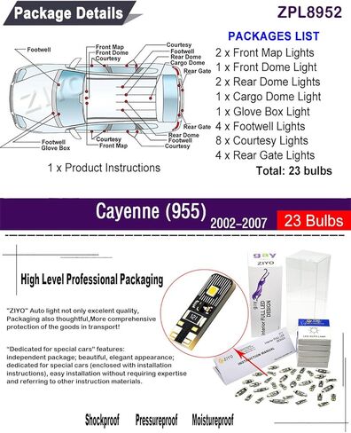 مجموعة الإضاءة الداخلية ZIYO LED لبورشه كايين 955 2002-2007 حزمة استبدال مصابيح القبة، 6000K زينون أبيض LED ملحقات ترقية خالية من الأخطاء (23 لمبة) in Kuwait