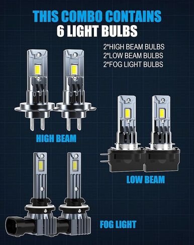 LED Bulbs Combo Compatible with Hyundai Santa Fe 2010 2011 2012, H7 High Beam H11B Low Beam and 881 Fog Light Bulbs Combo, 50W 6500k White Plug and Play, 6-Pack in Saudi Arabia