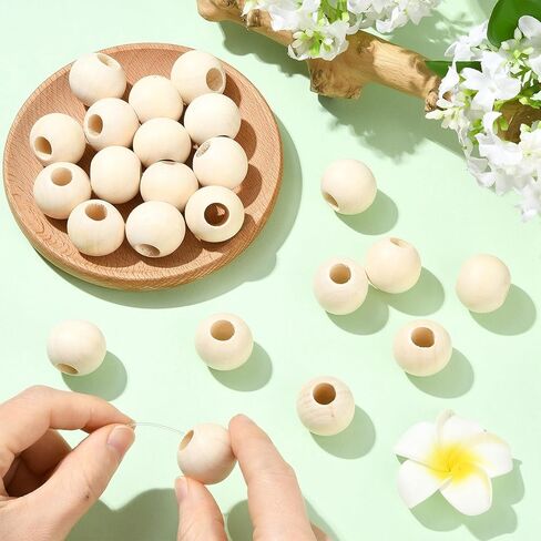 Ornazy 250Pcs 25mm Wood Round Spacer Beads Wooden Large Hole Craft Balls Natural Unfinished Macrame Beads for Jewelry Making DIY Accessories in Saudi Arabia