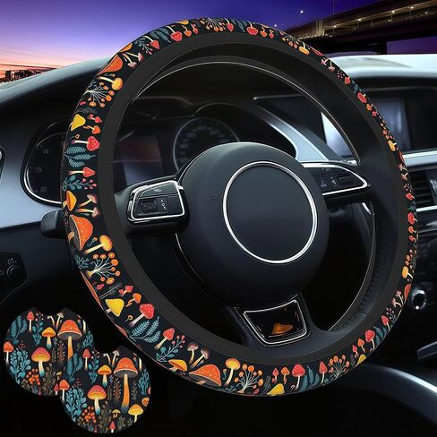 Mushroom Woodland Steering Wheel Cover Mushroom Fern Cute Steering Wheel Cover Woodland Anti-Slip Breathable Universal for 14-15 Inch Car with 2 Pieces Car Coasters for Women Men in Kuwait