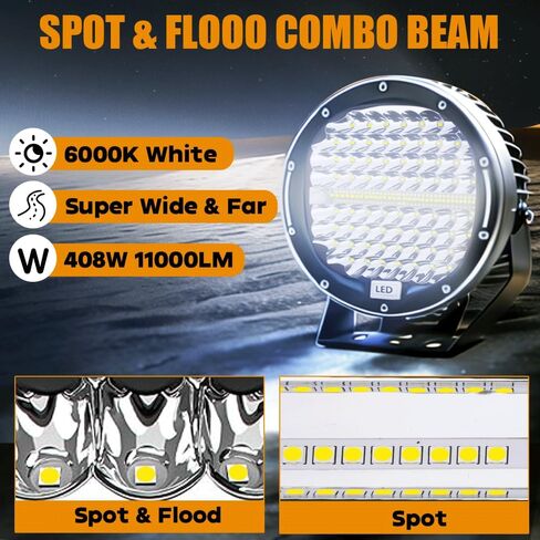 408W 2PCS 40800LM Trucks Tractor LED Work Lights, 9 Inch Round LED Off Road Lights Vehicle Accessories for Snowmobile SUV ATV UTV Golf Car Boat Mower Snowplow, Black in Saudi Arabia