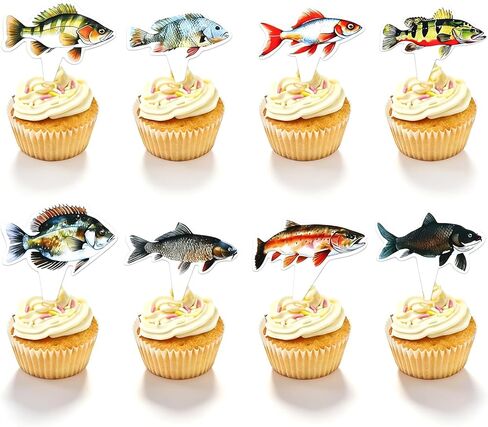 Molain 24Pcs Fish Cupcake Toppers, Go Fishing Theme Decorations Fish Birthday Cake Topper Decorations for Birthday Party Under The Sea Baby Shower Summer Party Supplies in Kuwait