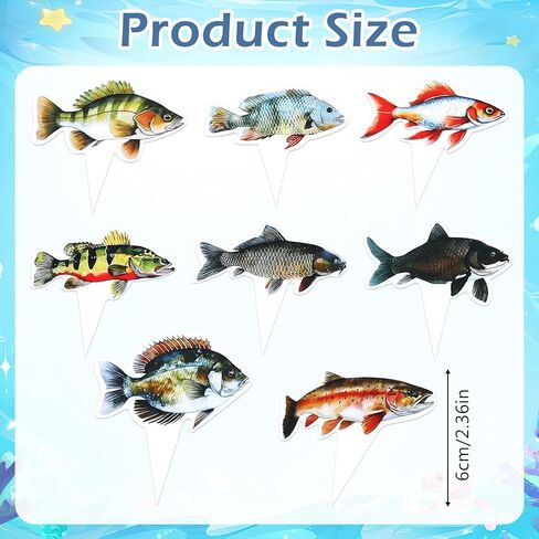 Molain 24Pcs Fish Cupcake Toppers, Go Fishing Theme Decorations Fish Birthday Cake Topper Decorations for Birthday Party Under The Sea Baby Shower Summer Party Supplies in Kuwait