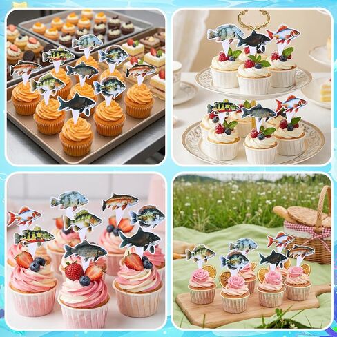 Molain 24Pcs Fish Cupcake Toppers, Go Fishing Theme Decorations Fish Birthday Cake Topper Decorations for Birthday Party Under The Sea Baby Shower Summer Party Supplies in Kuwait