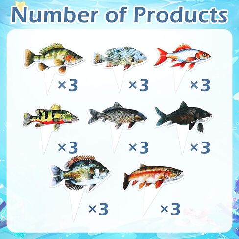 Molain 24Pcs Fish Cupcake Toppers, Go Fishing Theme Decorations Fish Birthday Cake Topper Decorations for Birthday Party Under The Sea Baby Shower Summer Party Supplies in Kuwait