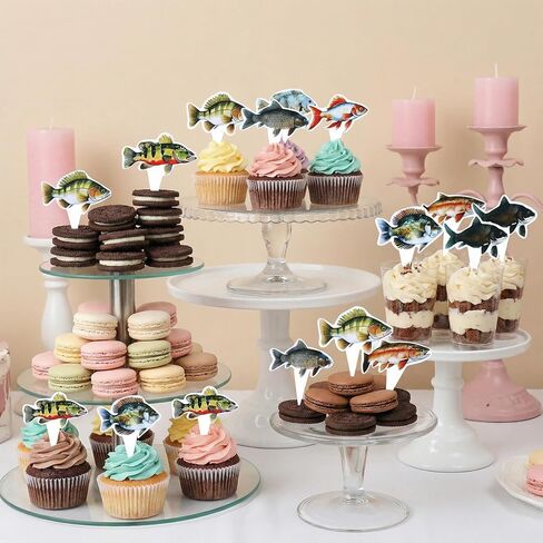 Molain 24Pcs Fish Cupcake Toppers, Go Fishing Theme Decorations Fish Birthday Cake Topper Decorations for Birthday Party Under The Sea Baby Shower Summer Party Supplies in Kuwait