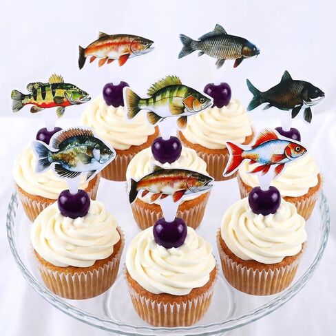 Molain 24Pcs Fish Cupcake Toppers, Go Fishing Theme Decorations Fish Birthday Cake Topper Decorations for Birthday Party Under The Sea Baby Shower Summer Party Supplies in Kuwait